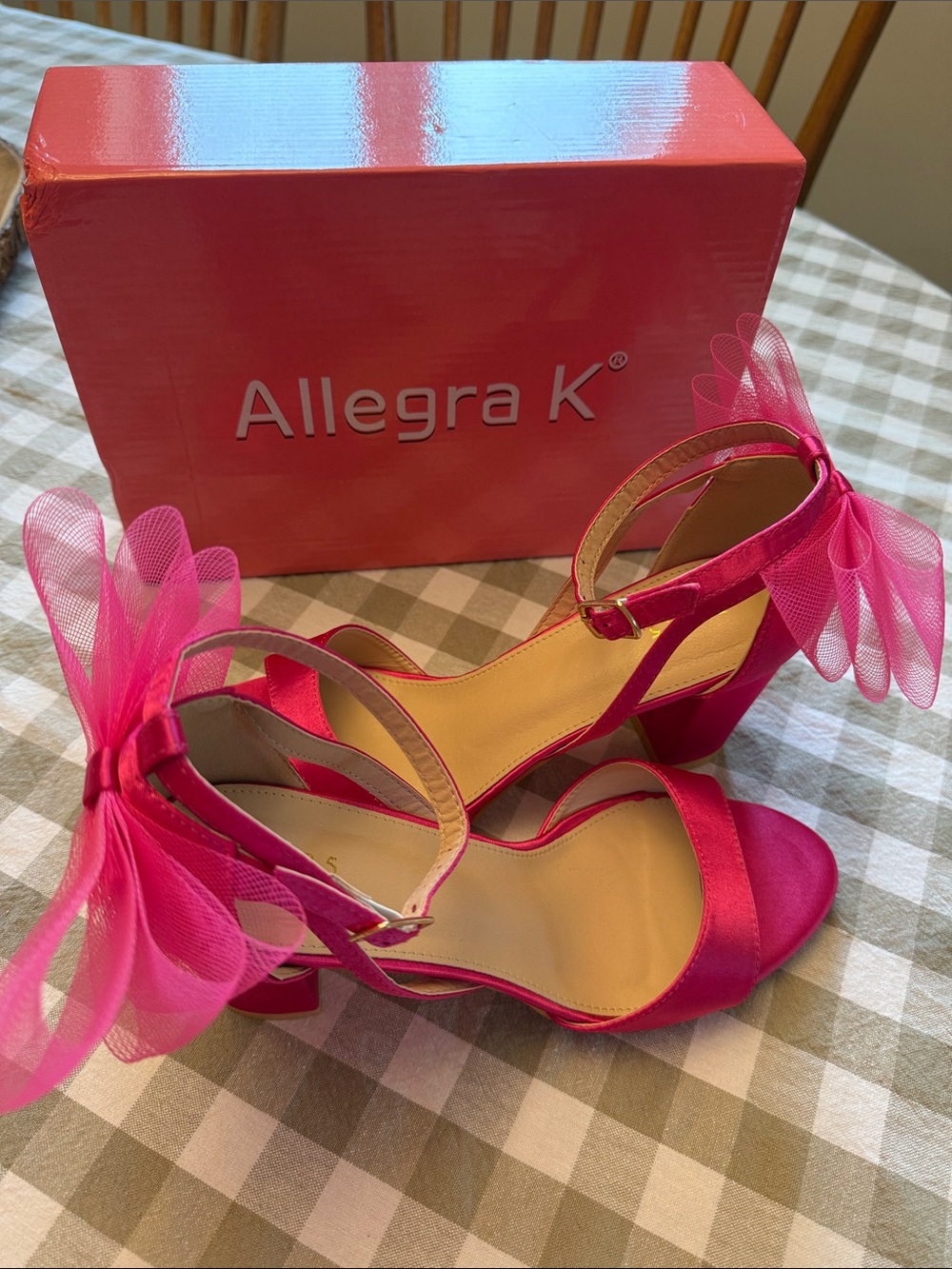 Allegra K Bright Pink Tulle Bow Ankle Strap Block Heels